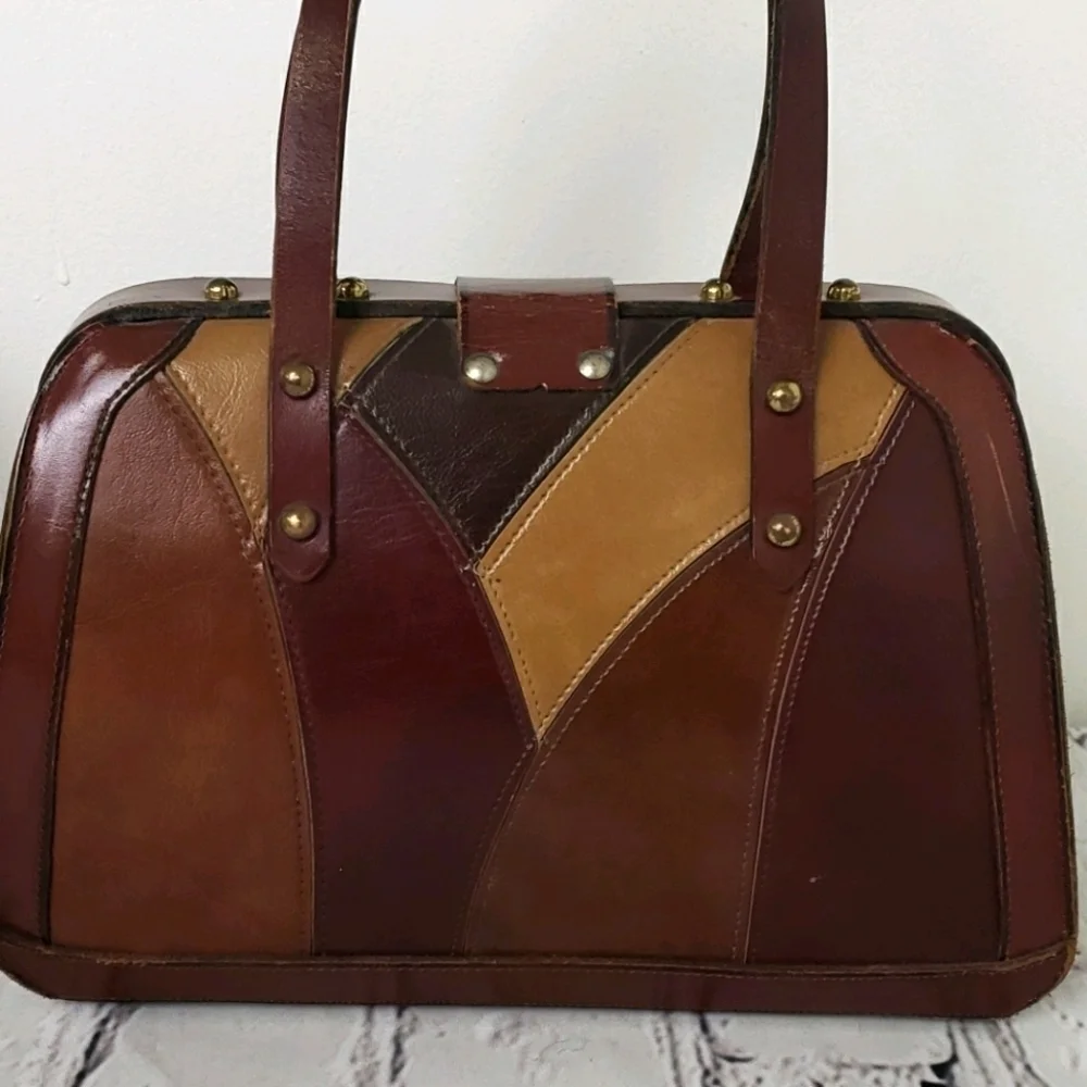 Vintage Leather Patched Satchel Handbag Browns Mid Century